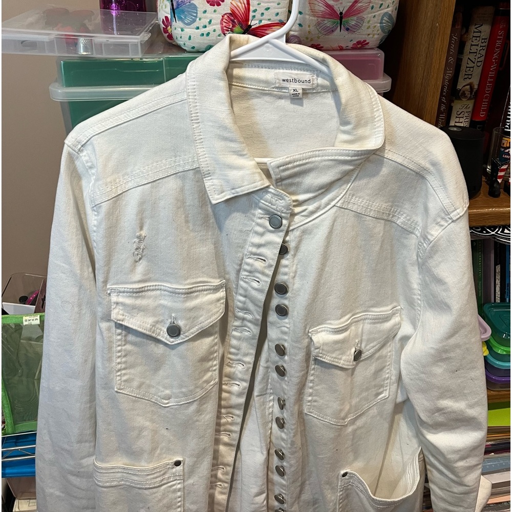 Off white long sleeve jean jacket with worn looking bottom